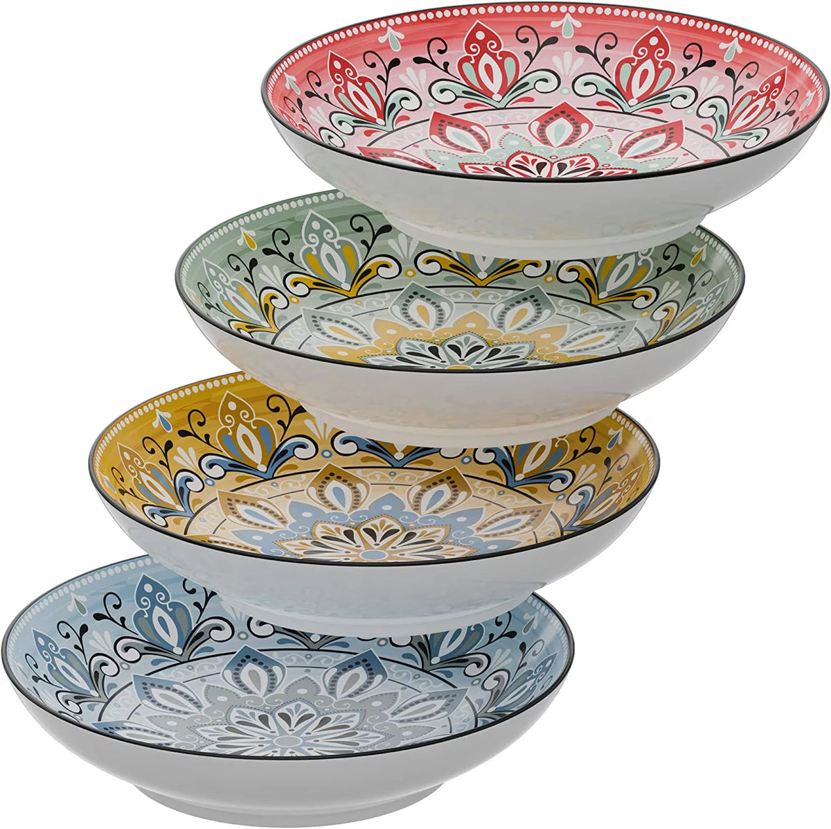 Large Pasta Bowls Set of 4, 9-inch Wide and Shallow Bowls, Assorted Colors N473057