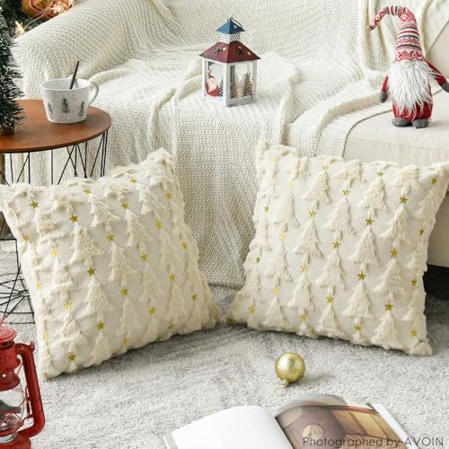 Christmas Tree Green Throw Pillow Cover Set of 2, 18 x 18 Inch Plush Faux Fur Jacquard B661