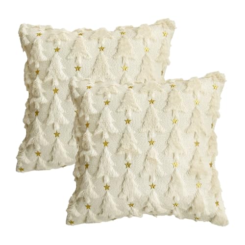 Christmas Tree Green Throw Pillow Cover Set of 2, 18 x 18 Inch Plush Faux Fur Jacquard B661