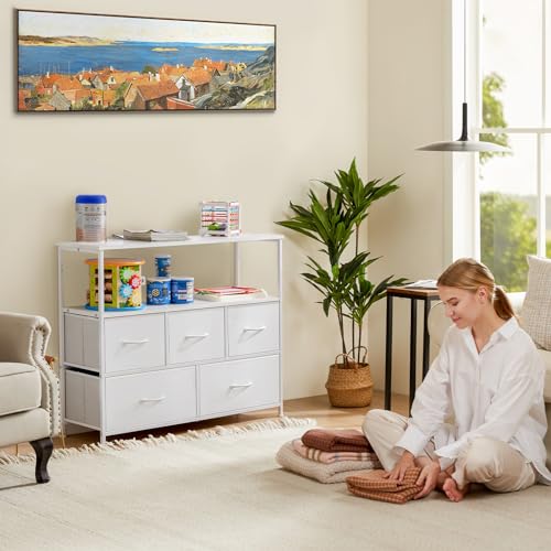 5 Fabric Drawer Dresser TV Stand with Open Shelf M4368