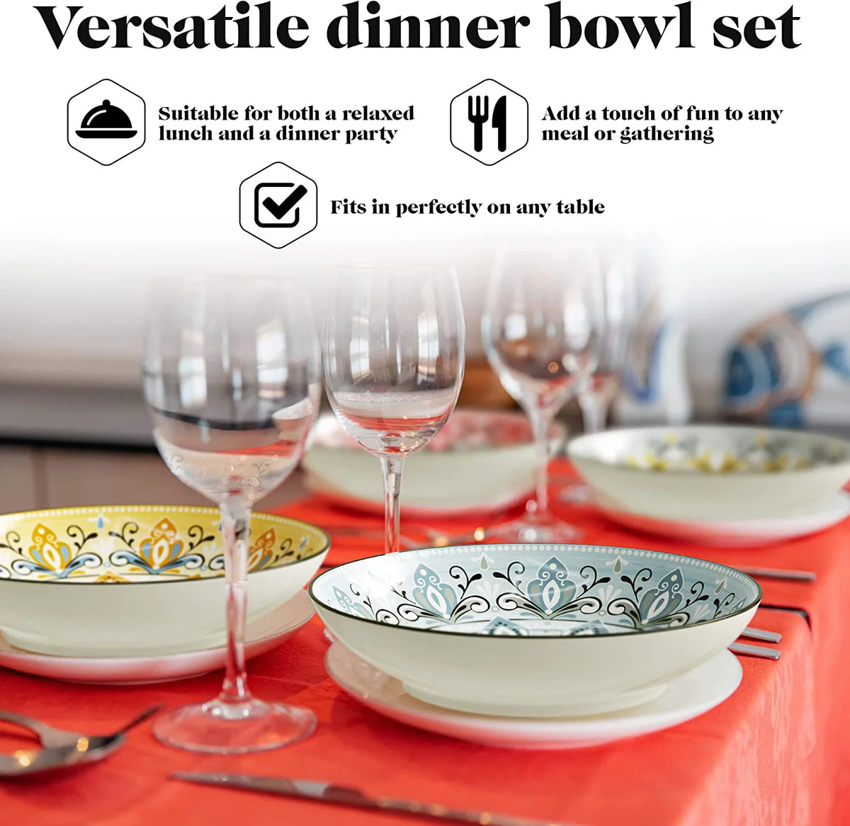 Large Pasta Bowls Set of 4, 9-inch Wide and Shallow Bowls, Assorted Colors N473057