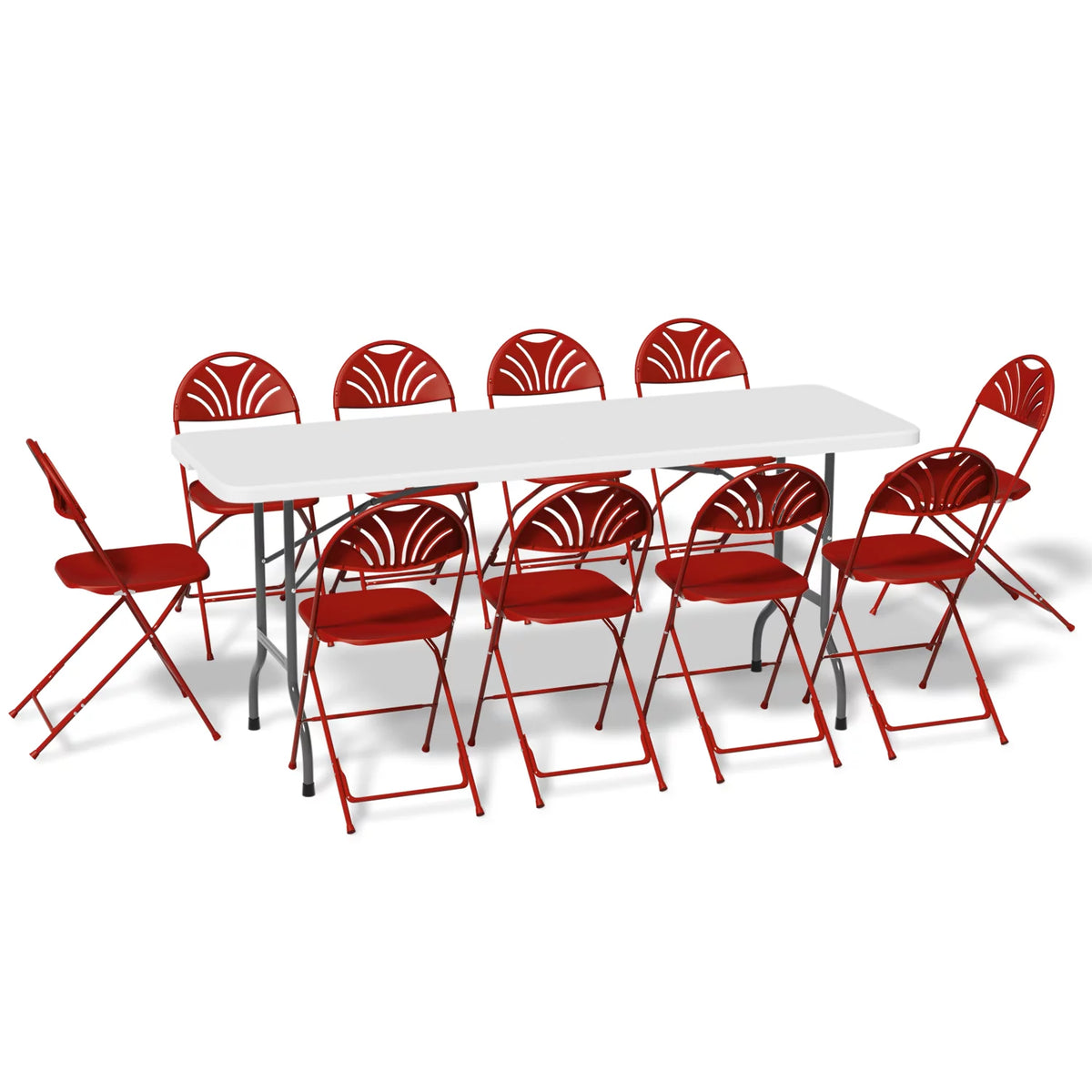 11 Pieces 6 Ft White Foldable Plastic Card Table and 10 Red Chair Set B6001
