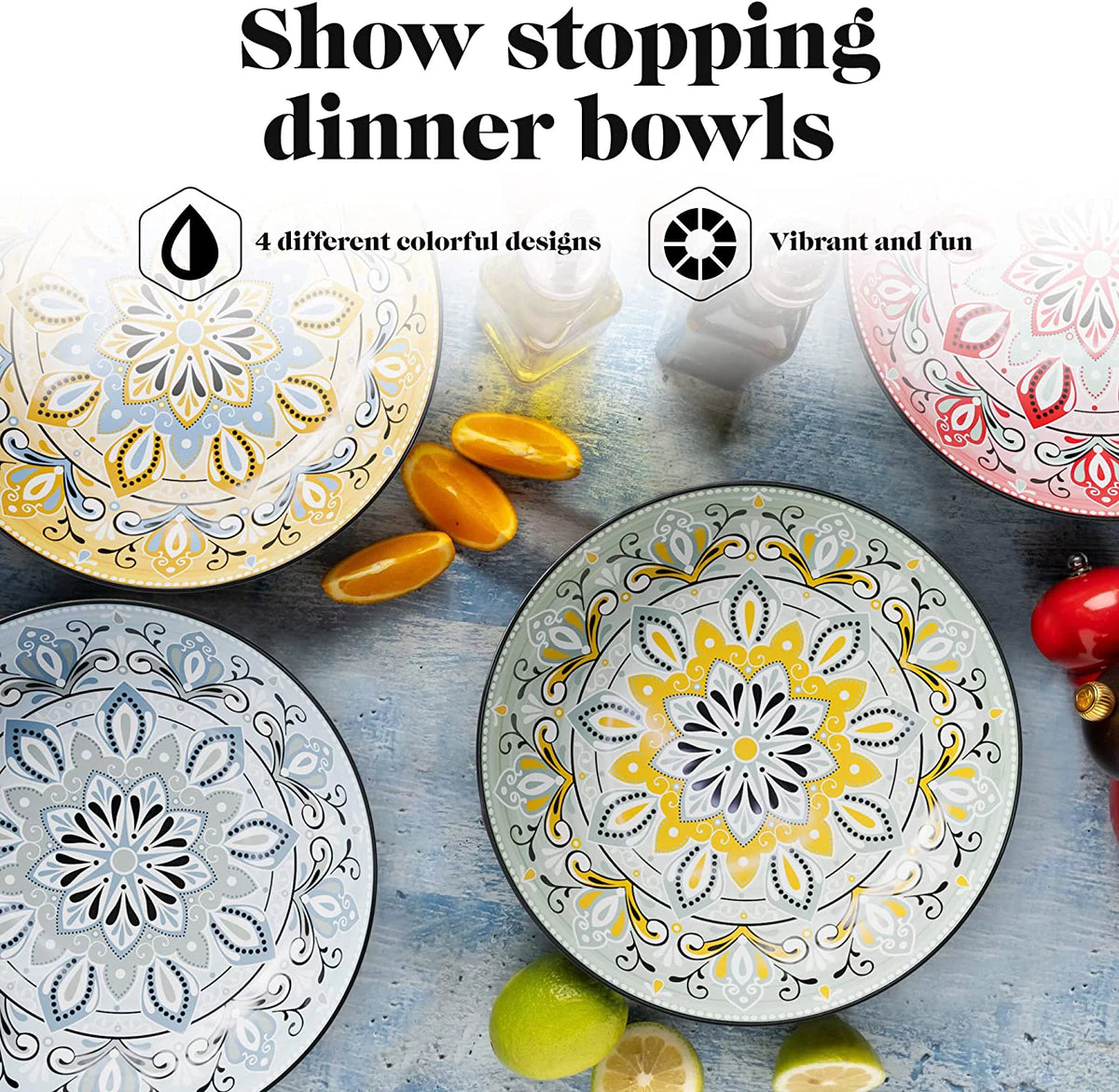 Large Pasta Bowls Set of 4, 9-inch Wide and Shallow Bowls, Assorted Colors N473057
