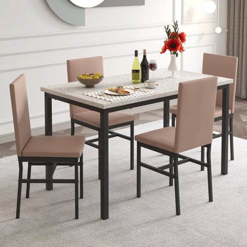 5 Piece Marble Top Dining Table Set with Faux Leather Chairs F5988