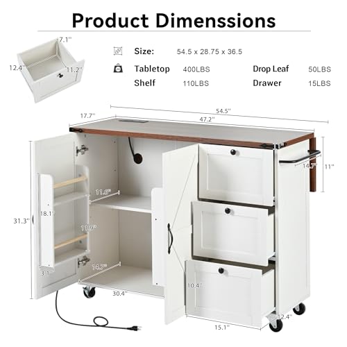 54.5" Farmhouse Mobile Kitchen Island with Power Outlet, Drop Leaf, Spice Rack and Drawer Q55015