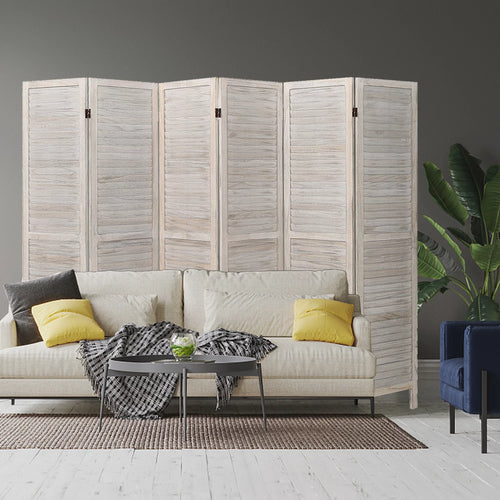 6 Panel Louver-Design Wood Room Divider Folding Screen 5.6 Ft Tall White S517