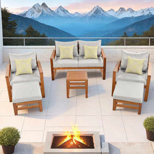 6 Piece Solid Wood Patio Furniture Set with Gray Cushions I236