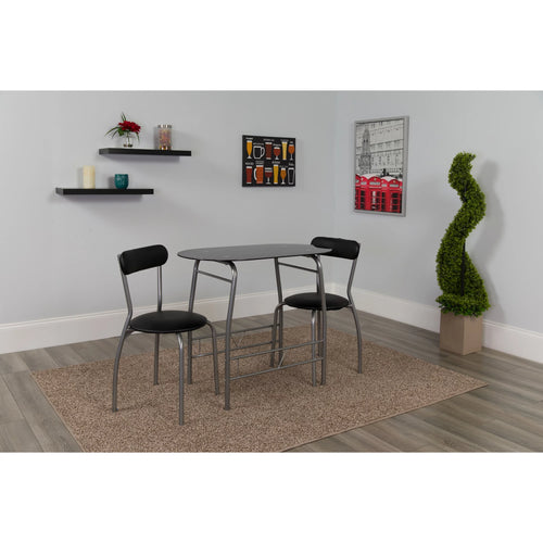 3 Piece Bistro Set with Black Glass Top Table and Black Vinyl Chairs R4886