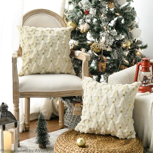 Christmas Tree Green Throw Pillow Cover Set of 2, 18 x 18 Inch Plush Faux Fur Jacquard B661