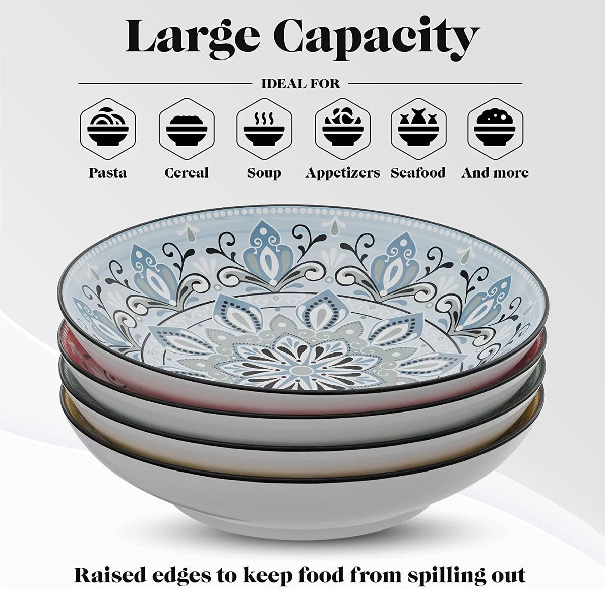 Large Pasta Bowls Set of 4, 9-inch Wide and Shallow Bowls, Assorted Colors N473057