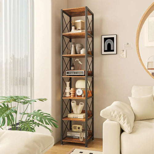 6-Tier Tall Narrow Wood Bookcase Storage Shelf N5497